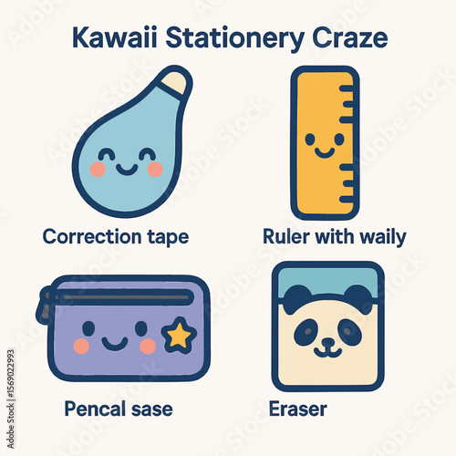 Kawaii stationery items:  cute correction tape, ruler, pencil case, and panda eraser.