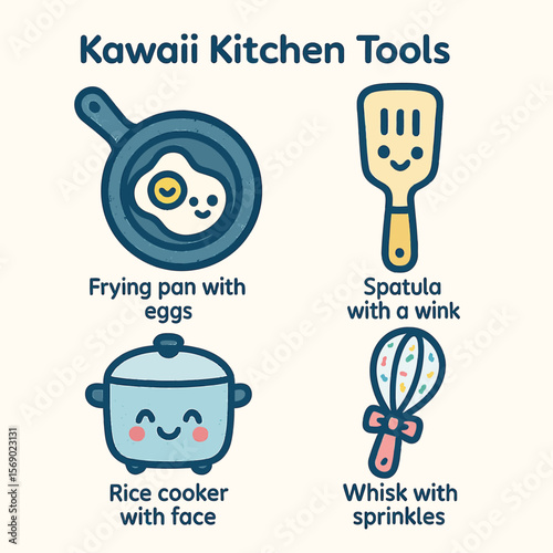 Illustration of kawaii kitchen tools: frying pan with eggs, spatula, rice cooker, and whisk, all with cute faces.