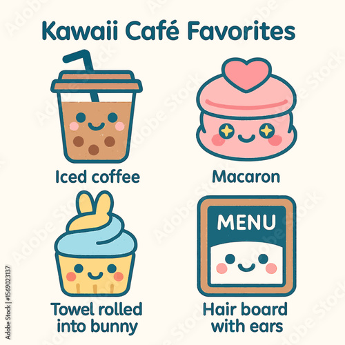 Kawaii café favorites menu featuring iced coffee, macarons, cupcakes, and hair accessories.