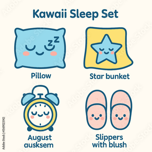 Kawaii-style sleep set featuring a pillow, star blanket, alarm clock, and slippers; charming cartoon characters.