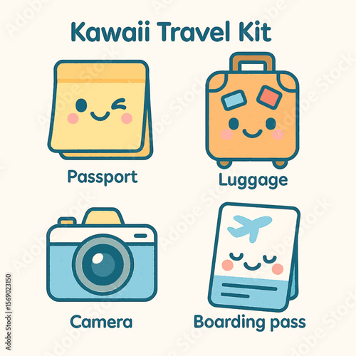 Adorable kawaii illustrations depict essential travel items: passport, luggage, camera, and boarding pass.