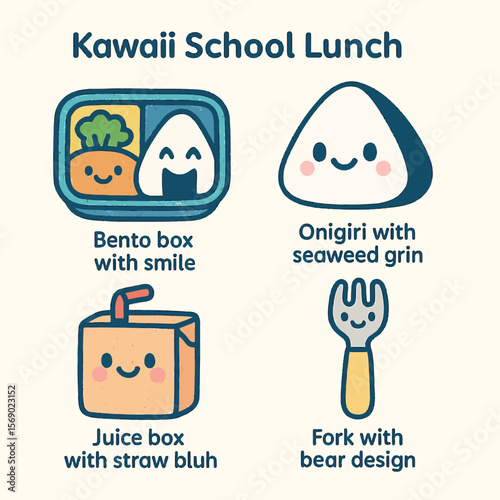 Cute cartoon illustrations of kawaii school lunch items, including bento box, onigiri, juice box, and fork.