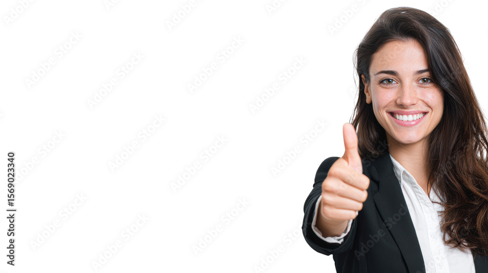 Smiling woman in business attire giving a thumbs up gesture, isolated on white background. Smiling woman in business attire giving a thumbs up gesture, isolated on white background.
