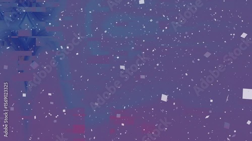 Pixelated grid of blue and purple with scattered white confettilike shapes
