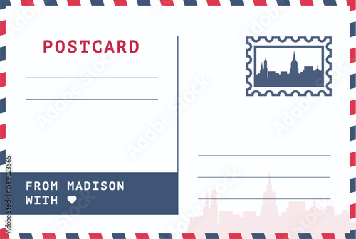 From Madison, USA postal card template. Vector postcard illustration with stamp, landmark, message. Simple flat greetings image layout