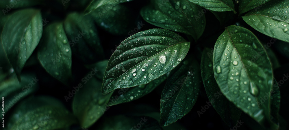 Fototapeta premium A background of soft green leaves with water droplets on them, symbolizing nature and environmental care,