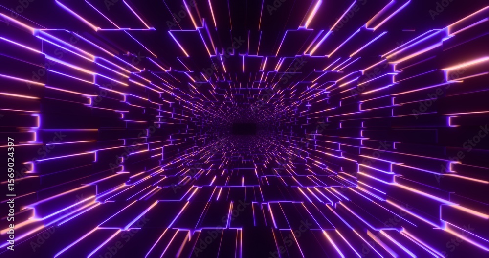 Naklejka premium Futuristic glowing neon cube background. Shining geometric purple lines inside corridor in perspective. Bright retro digital cyberspace. 3D rendering.