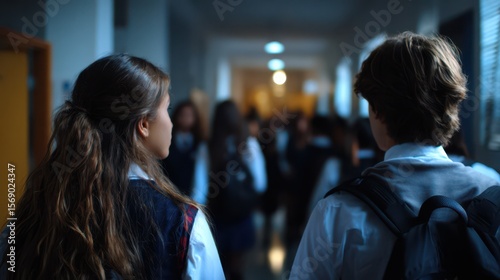 Teenage students in uniforms walking side by side through a crowded school hallway, carrying backpacks and engaging in quiet conversation, capturing the routine, connection