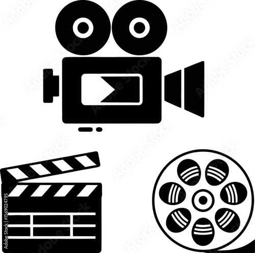 Vector Filmmaking Icons: Clapperboard, Camera, Film Reel
