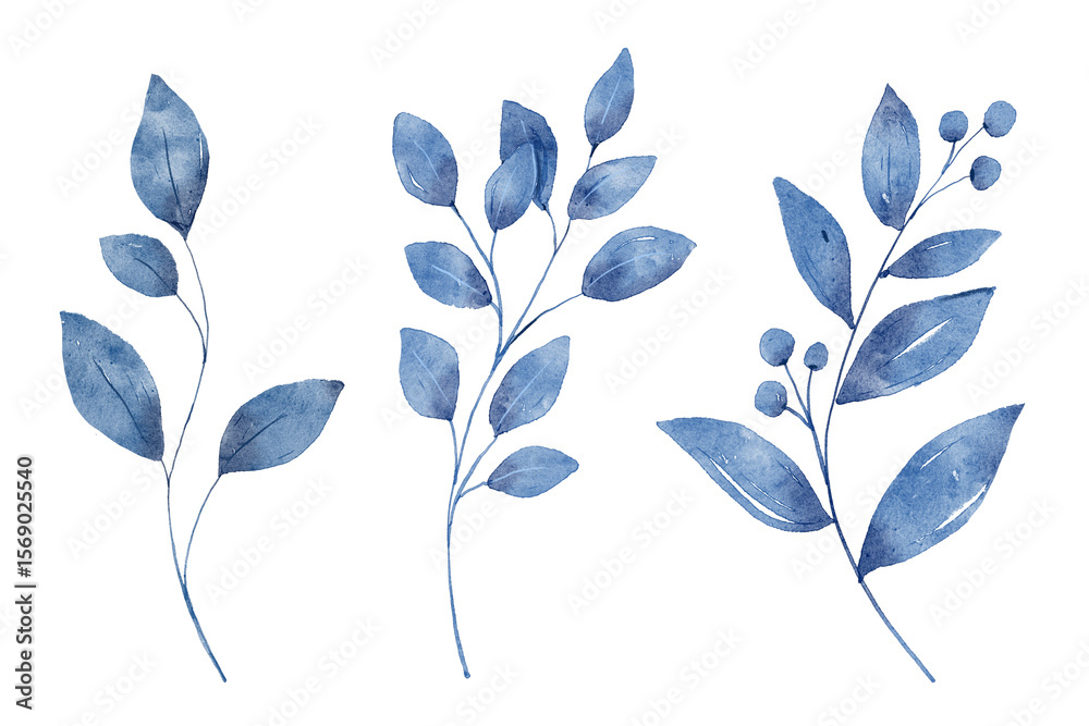 Obraz premium Blue leaves watercolor set. Hand painting floral illustration. Indigo leaf, plants, foliage, branches isolated on white background.
