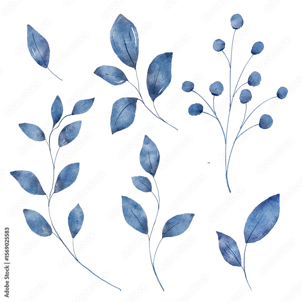 Fototapeta premium Blue leaves watercolor set. Hand painting floral illustration. Indigo leaf, plants, foliage, branches isolated on white background.