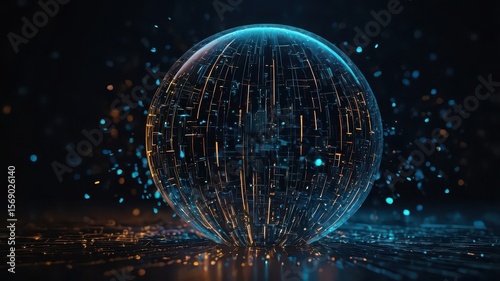 Glowing sphere with intricate circuit patterns and floating particles on a dark background