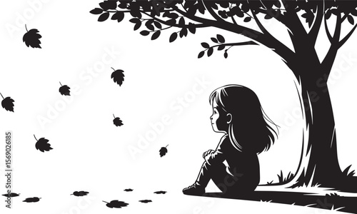 Child Silhouette Under Tree with Falling Leaves