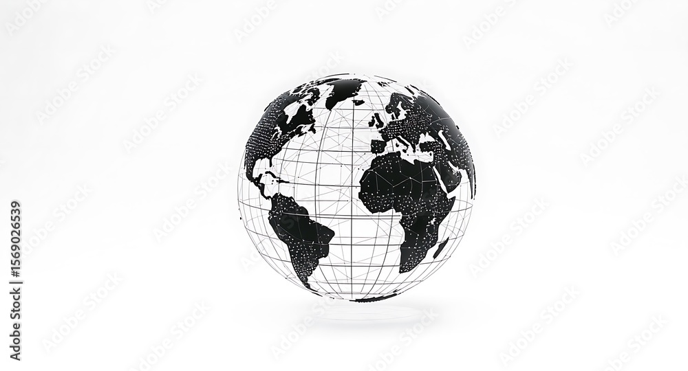 Obraz premium A grayscale 3D model of the Earth, showing continents and gridlines.