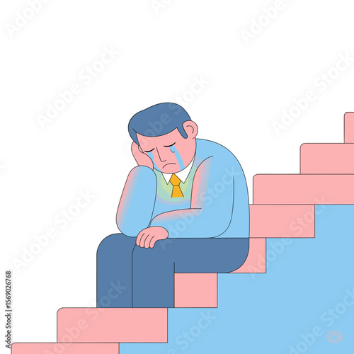 Sad man sitting on stairs with tears in a minimalist illustration  