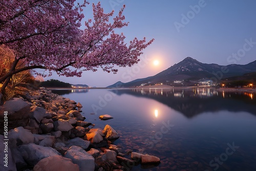 Serene Night Landscape Pink Blossom Tree, Moonlit Lake, and Mountain Reflection