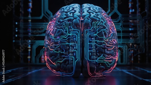 A digital brain with glowing circuits on a dark background representing ai and technology concept
