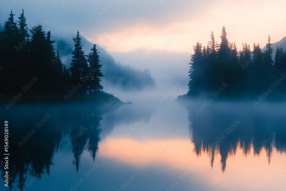 Fototapeta premium Misty forest lake at dawn with silhouetted pine trees and pastel sky reflected in still waters