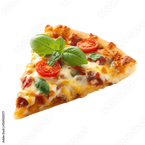 Delicious slice of pizza with melted cheese cherry tomatoes and basil isolated on transparent background