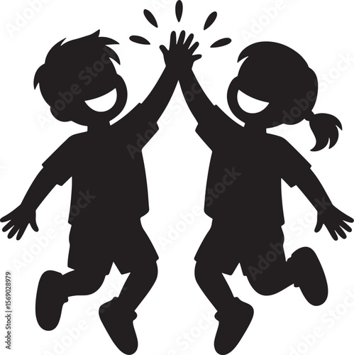 Happy kids giving high five silhouette image showing friendship joy playtime concept in black vector