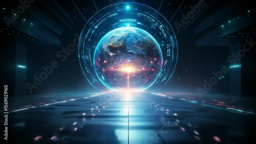 Abstract blue Earth globe glowing with digital network lines on background, illustrating global technology and energy