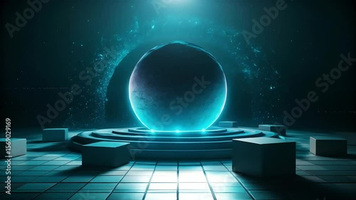 Abstract digital blue globe with reflection, a futuristic concept of global communication and technology