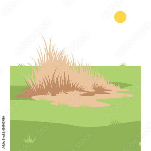 Illustration of grassy field with patch of earth and sun  