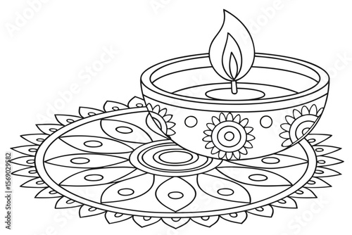 Diwali Celebration Intricate Rangoli Design with a Lit Diya in Black and White silhouette detailed line