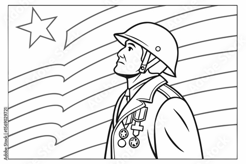 Soviet Soldier in Uniform with Medals and Waving Flag in Silhouette Style Silhouette Black white illustration