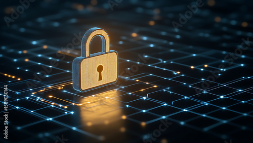 Golden padlock standing on illuminated blue circuit board background
