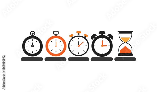 Collection of vintage and modern timekeeping devices including stopwatches and hourglass