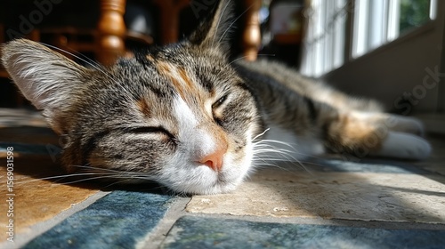 Tabby cat sleeping on the floor opposite the window