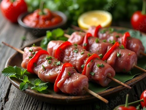 kebab raw meat vegetable pork, lard, pepper, vegetable dish fresh delicious gourmet food background on the table rustic food top view copy space