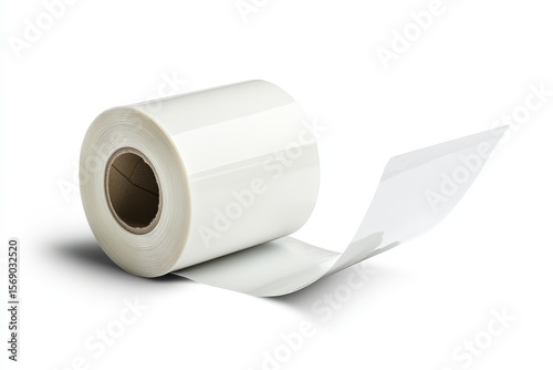 Clear plastic roll unwinding on white background