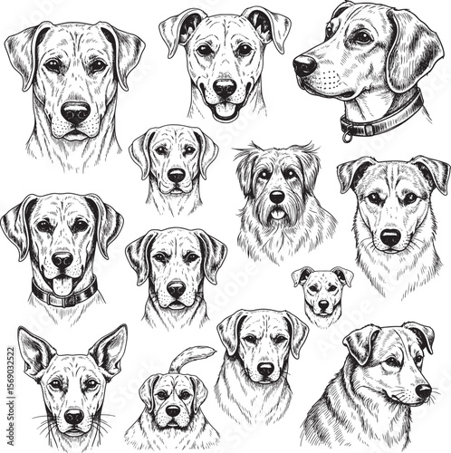 A captivating collection of hand-drawn dog breed portraits showcases diverse canine companions, perfect for pet lovers and animal-themed designs.