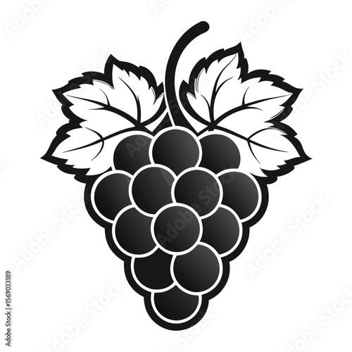 Elegant black and white stylized illustration of a bunch of grapes with leaves. Perfect for wine labels, food and drink themes, or simple fruit imagery.

