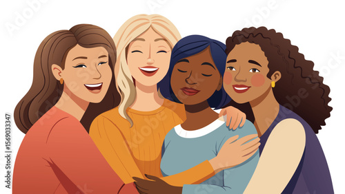 Four diverse women, smiling and embracing, symbolizing friendship, unity, and empowerment. Ideal for themes of diversity, community, sisterhood, and positive relationships.


