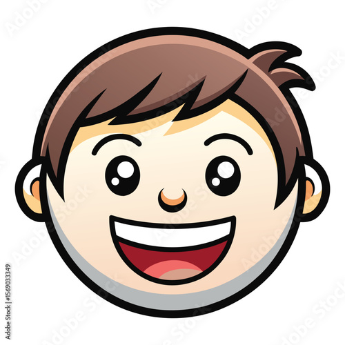 Cheerful cartoon illustration of a young boy's face with a wide, happy smile. Ideal for children's designs, avatars, or positive concepts.