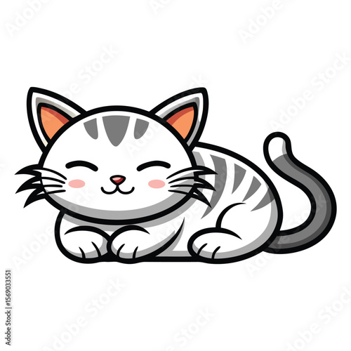 Adorable cartoon illustration of a happy American Shorthair cat with grey stripes, lying down with closed eyes and a content smile. Perfect for pet-related designs.