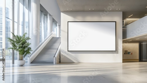 Modern office lobby with blank billboard, stairs, and city view