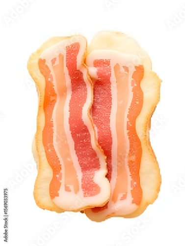 Sliced and cradled in its own fat, two pieces of bacon isolated on white