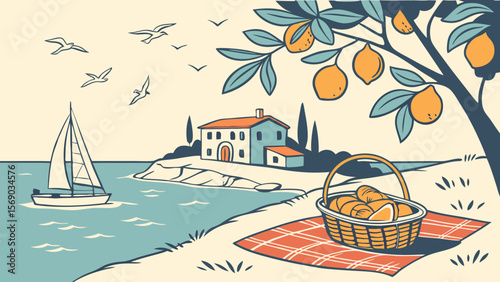 A charming coastal scene unfolds with a sailboat gliding on turquoise waters near a picturesque villa under a lemon tree laden with fruit with a picnic basket ready for enjoyment