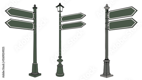 Three distinct vintage signposts with blank directional arrows and one featuring an antique lamppost isolated on a white background evoking a sense of navigation and history