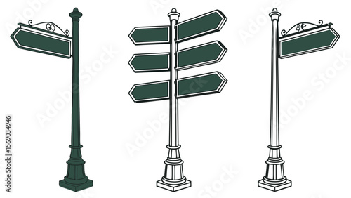 Collection of three vintage style directional signposts with blank green arrow shaped signs mounted on ornate posts for custom text and design elements