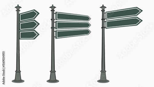 Three distinct vintage style signposts with multiple blank green directional arrows pointing left and right against a white background