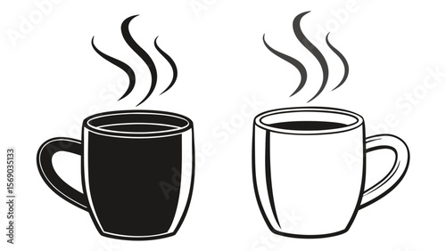 Two steaming hot mugs of coffee or tea one solid black and one outlined in black on a white background symbolizing contrast and choice