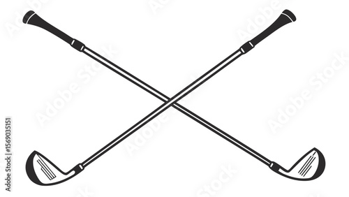 Two classic black and white golf clubs are crossed diagonally against a clean white background symbolizing the sport of golf and its equipment