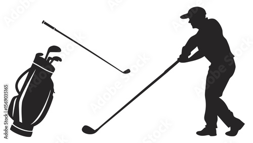 Silhouette of a golfer in mid swing with a golf bag and clubs on a white background representing the sport and outdoor activity