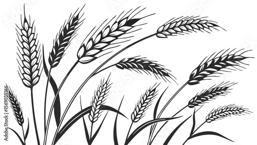 Stylized black and white illustration of ripe wheat stalks and leaves swaying gently in the breeze against a clean white background