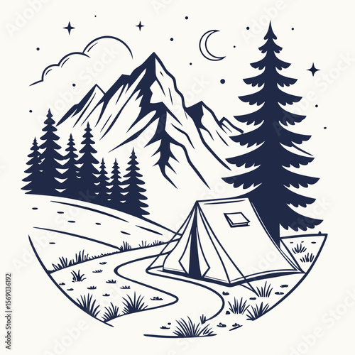 Illustration of a camping scene with tent mountains trees and night sky in a circular frame design